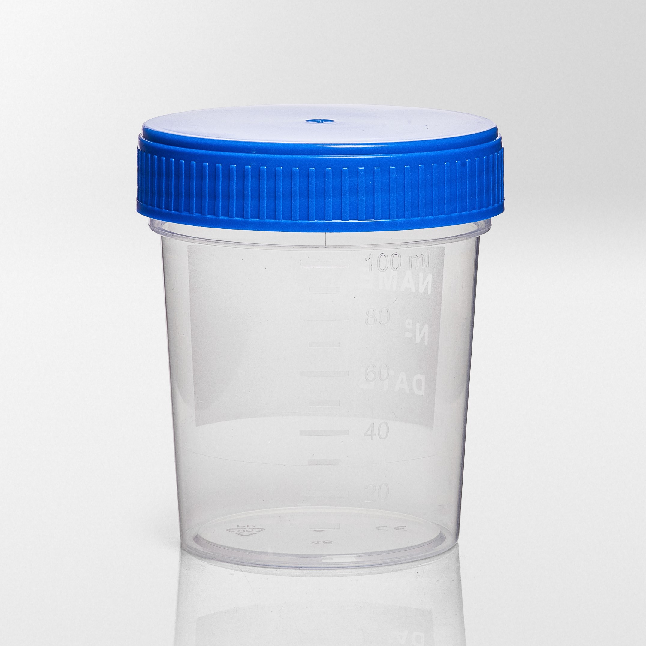 Container PP/PE 125 ml 55 x 72 mm blue screw cap and writing are...