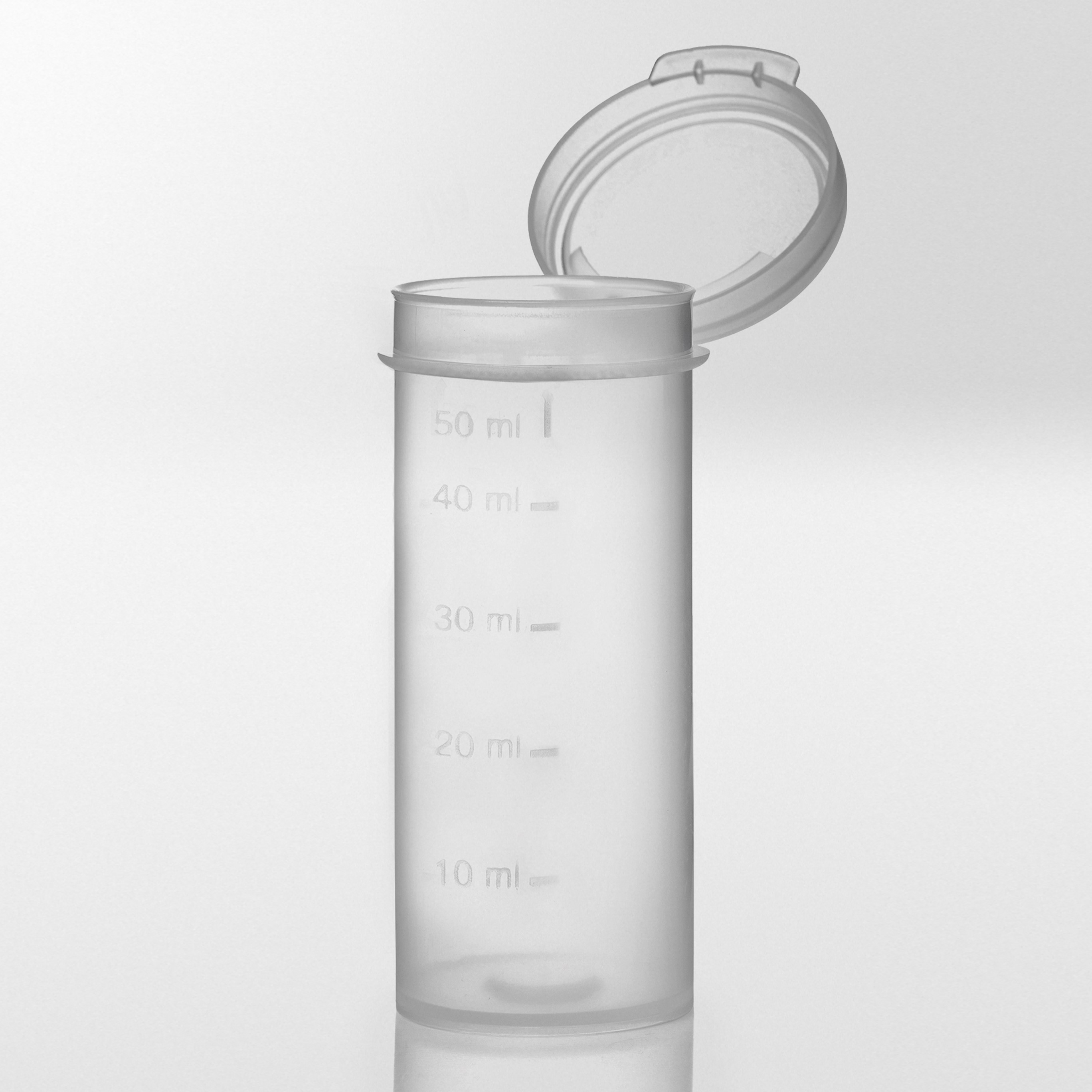 Container with hinged lid. 50 ml.  33 x 80 mm. Graduated