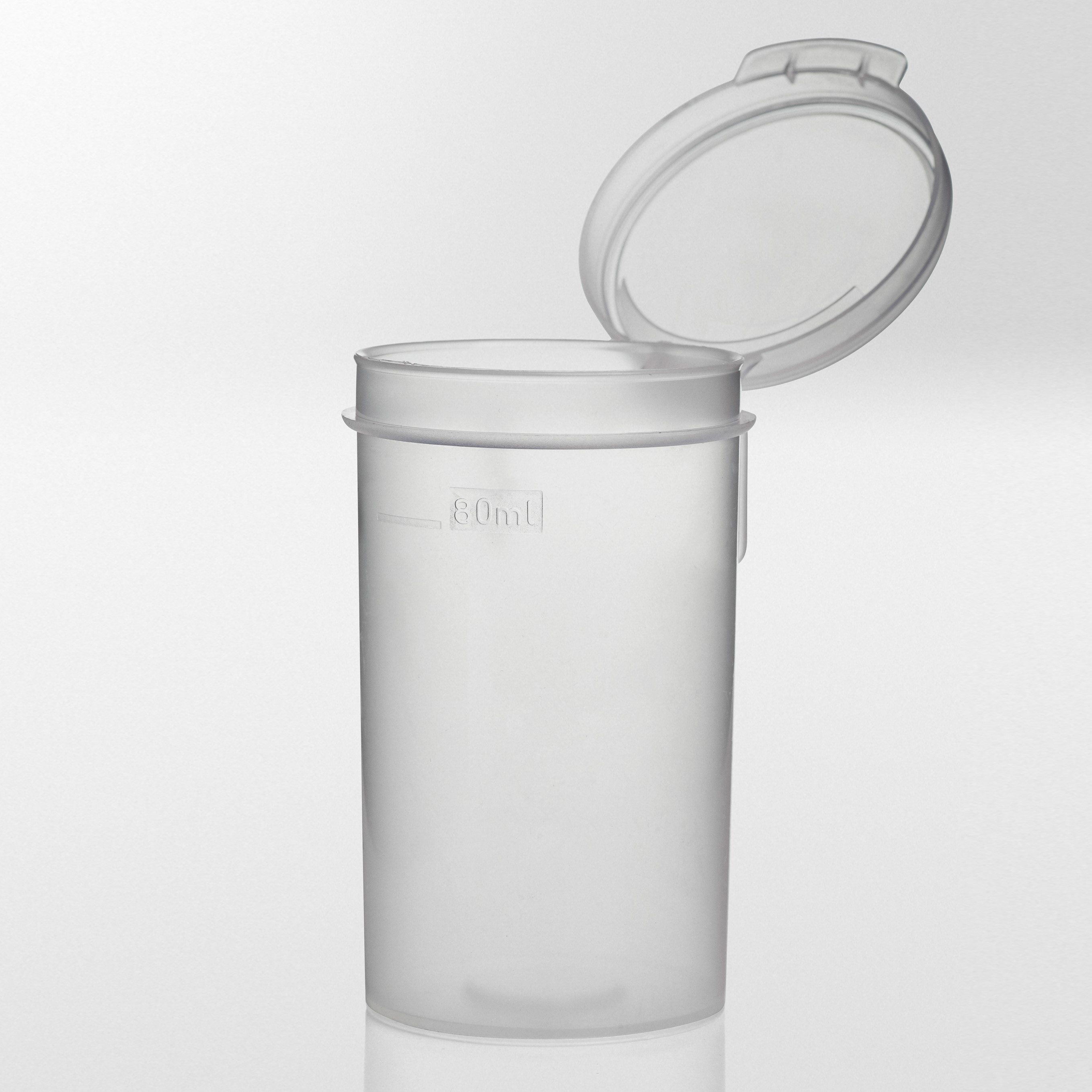 Container with hinged lid. 80 ml 45 x 80 mm. Graduated at 80 ml